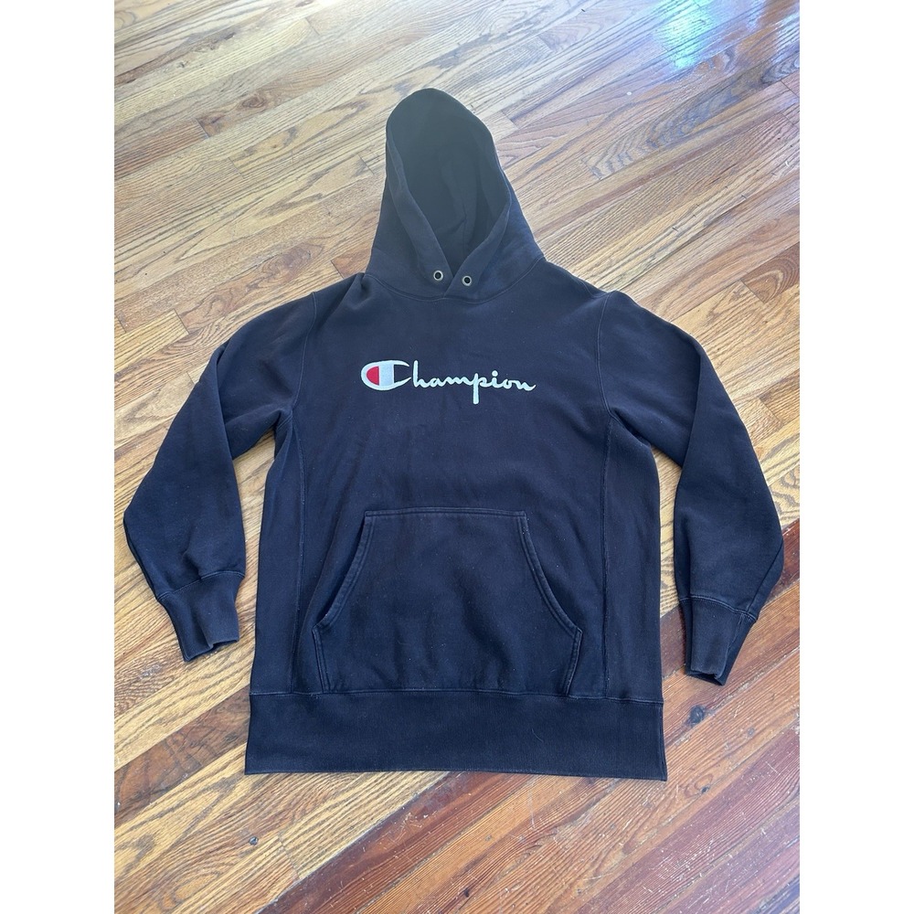 Vintage Champion Reverse Weave Warmup Hoodie Black Mens Size 2XL Script Pullover